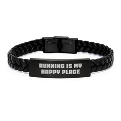 Funny Running Gifts for Men, Interlaced Leather Bracelet for Running Enthusiasts, Christmas Unique Gifts from Friends, 'Running Is My Happy Place' - Image 1