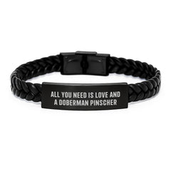 Love and Doberman Pinscher Dog Birthday Unique Gifts - Interlaced Leather Bracelet for Men, Women, Friends, Family - Engraved Stainless Steel, PU Leather - Gifts from Men, Women, Friends, Family - Image 1