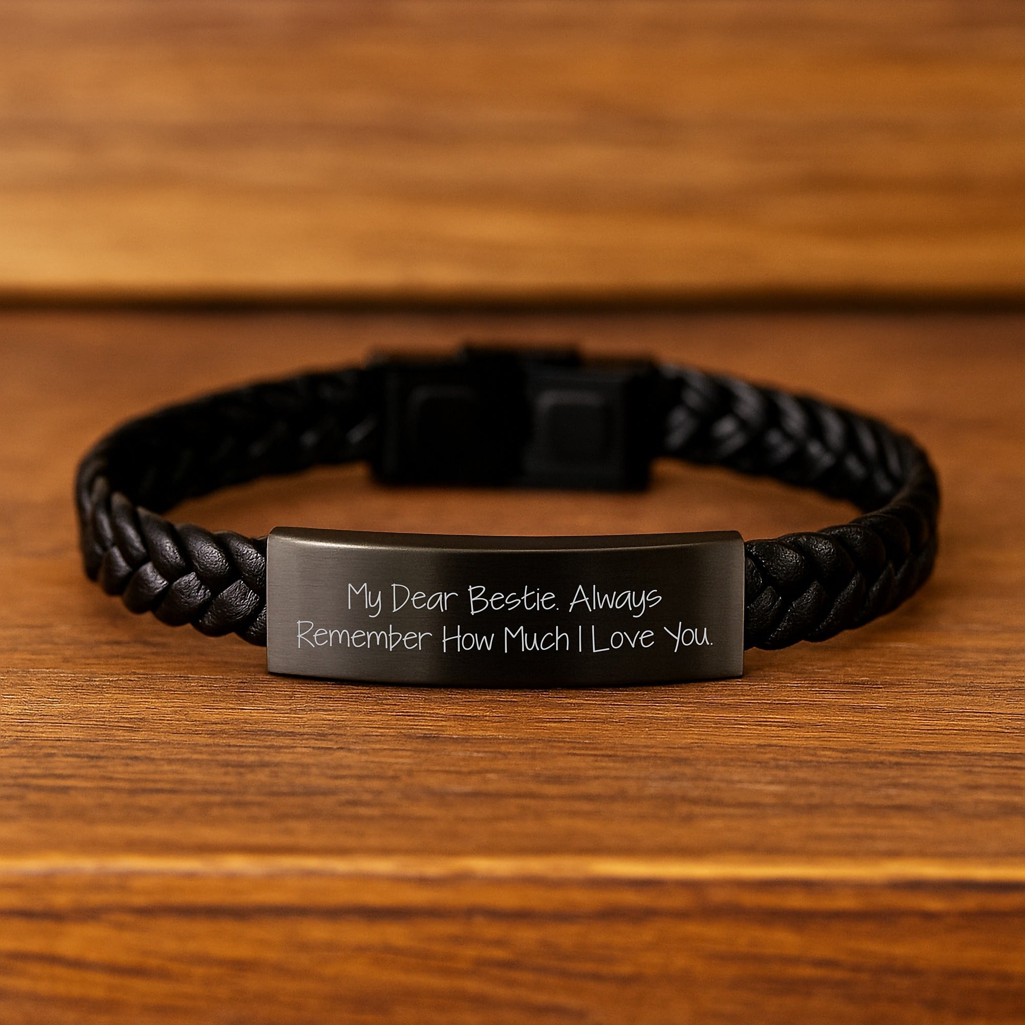 Funny Bestie Gifts - Interlaced Leather Birthday Present from Friends to Bestie - Engraved Stainless Steel Quote 'My Dear Bestie. Always Remember How Much I Love You.' - Image 2