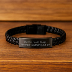 Funny Bestie Gifts - Interlaced Leather Birthday Present from Friends to Bestie - Engraved Stainless Steel Quote 'My Dear Bestie. Always Remember How Much I Love You.' - Image 2