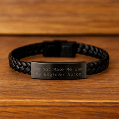 Funny Engineer Gifts, Unique Christmas Unique Gifts for Engineer Friends, Interlaced Leather Bracelet with Stainless Steel and PU Leather, 'Do Not Make Me Use My Engineer Voice' Quote - Image 2