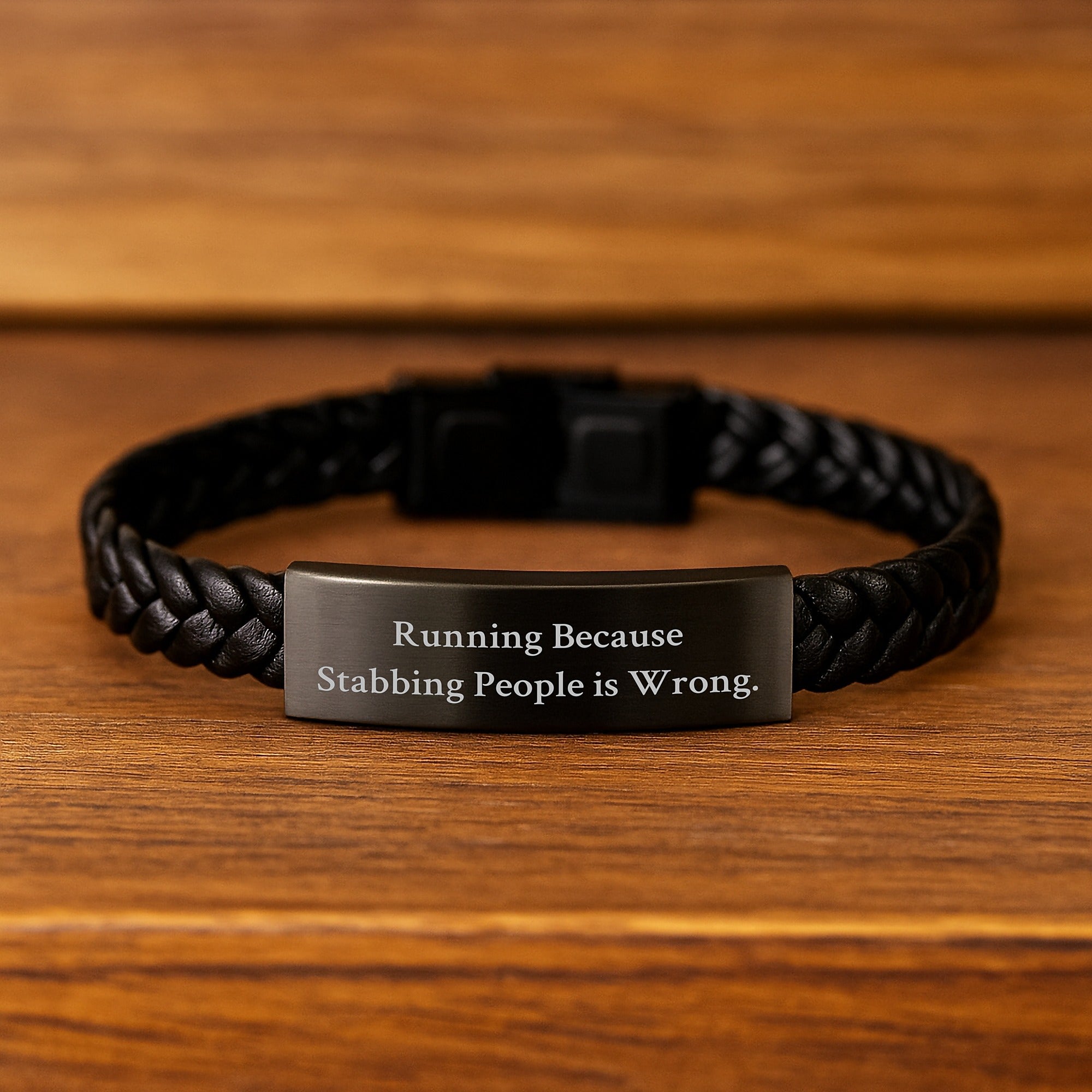 Funny Running Gifts for Men - Interlaced Leather Bracelet from Friends, 'Running Because Stabbing People Is Wrong' Birthday Unique Gifts for Running Enthusiasts - Image 2