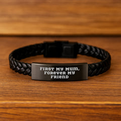 Unique Mum Interlaced Leather Bracelet Gifts from Family, Engraved with 'First My Mum, Forever My Friend' Quote, Stainless Steel and PU Leather Christmas Unique Gifts - Image 2