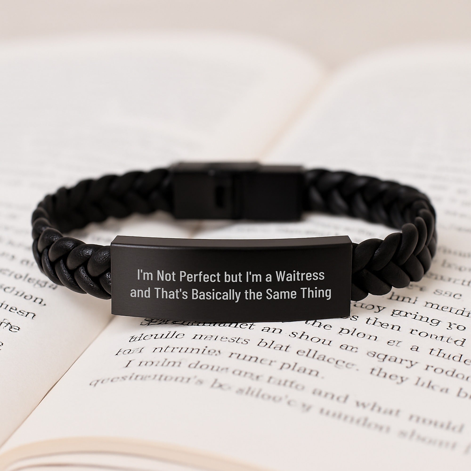 Funny Waitress Gifts from Friends to Graduating Waitresses, Quote Inspired Interlaced Leather Bracelet - Image 3