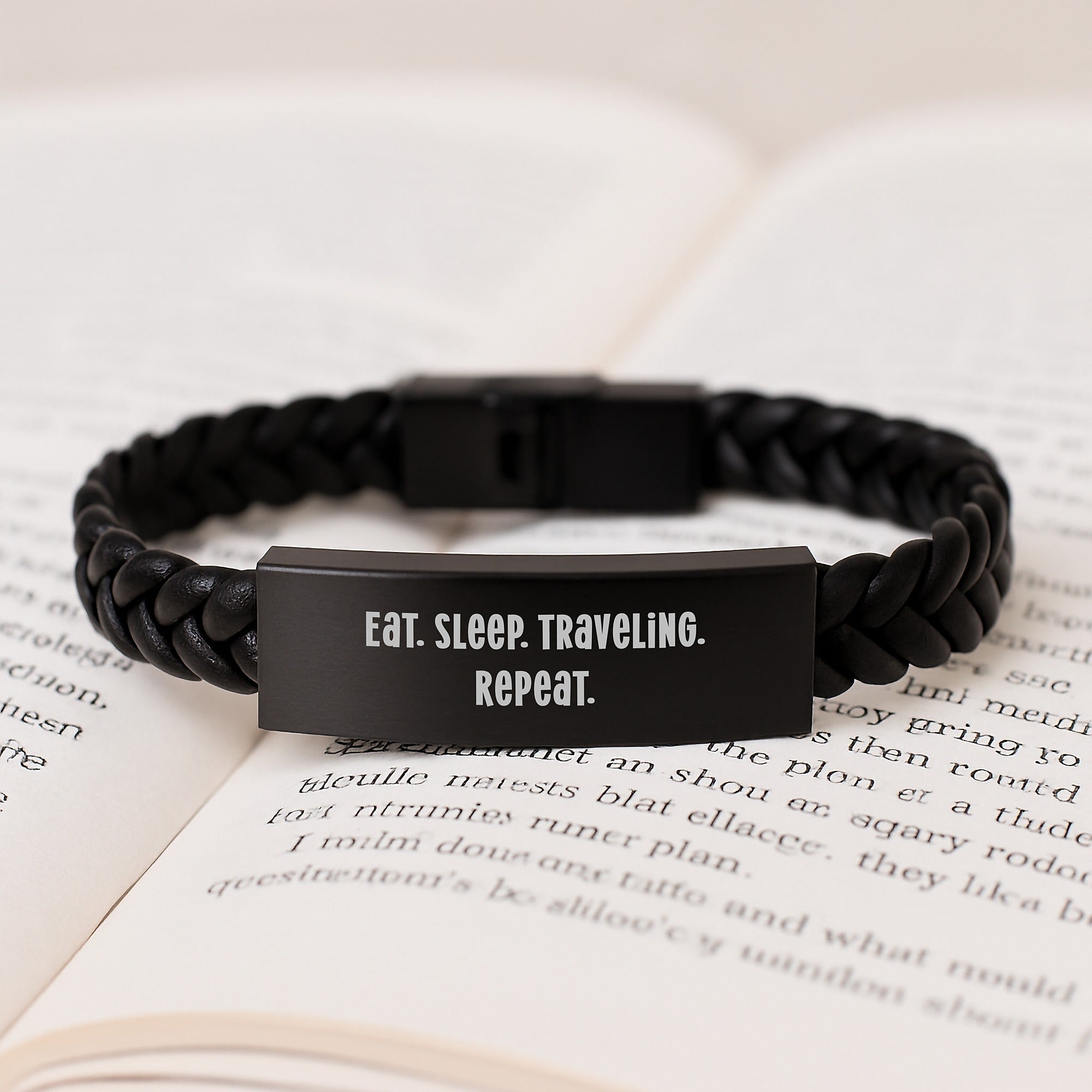 Funny Traveling Gifts for Birthday - Interlaced Leather Men's Braclet with Quote 'Eat. Sleep. Traveling. Repeat.' - Gifts from Friends, Coworkers, Family - Image 3