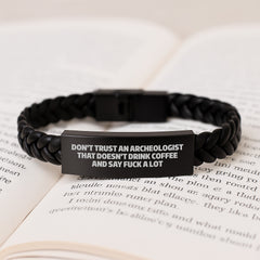 Funny Archeologist Gifts for Him from Friends - Interlaced Leather Bracelet with Engraved Stainless Steel, Archeologist Unique Christmas Unique Gifts - Image 3