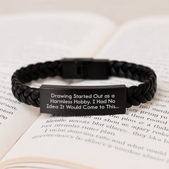 Funny Drawing Hobby Gifts from Friends to Men or Women on Birthday - Interlaced Leather Bracelet with Quote 'Drawing Started Out As A Harmless Hobby' - Image 3