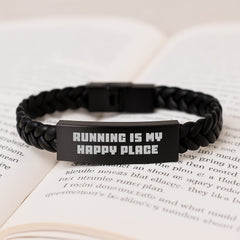 Funny Running Gifts for Men, Interlaced Leather Bracelet for Running Enthusiasts, Christmas Unique Gifts from Friends, 'Running Is My Happy Place' - Image 3