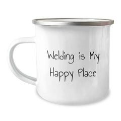 Welding Gifts for Men - Funny Welding Is My Happy Place Camping Mug, Stainless Steel with Enamel Finish - Unique Christmas Unique Gifts from Men to Friends, Coworkers, Family - Image 1
