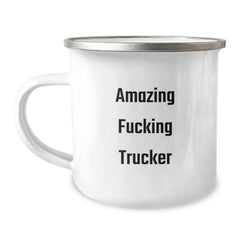 Funny Trucker Gifts for Birthday, Men, or Women - 'Amazing F--king Trucker' Quote on Camping Mug, 12 oz Capacity, Stainless Steel with Enamel Finish, Gifts from Friends, Family, Coworkers - Image 1