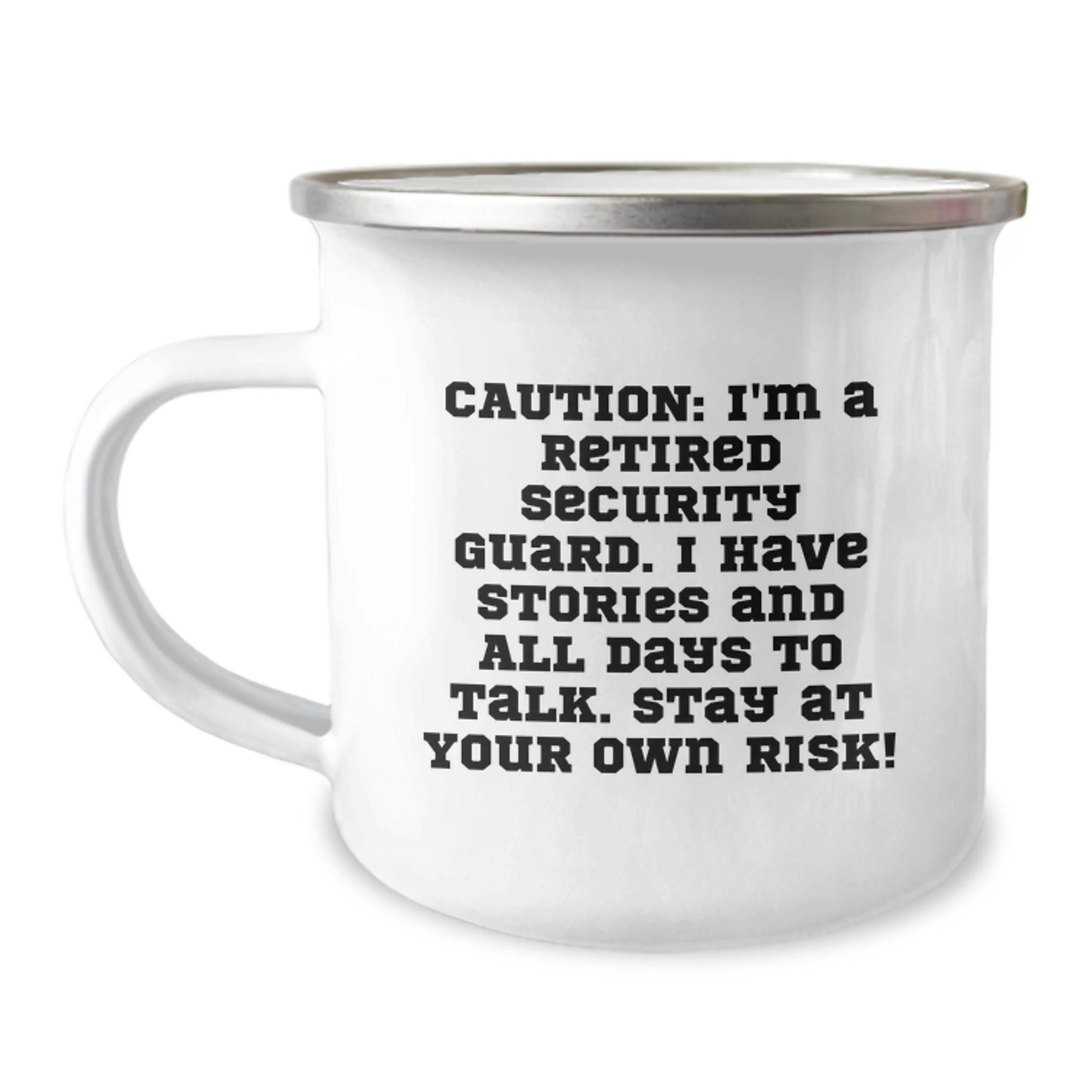 Security Guard Camping Mug, Funny Birthday Unique Gift for Men from Friends, 'Caution: I'm A Retired Security Guard...' - Image 1