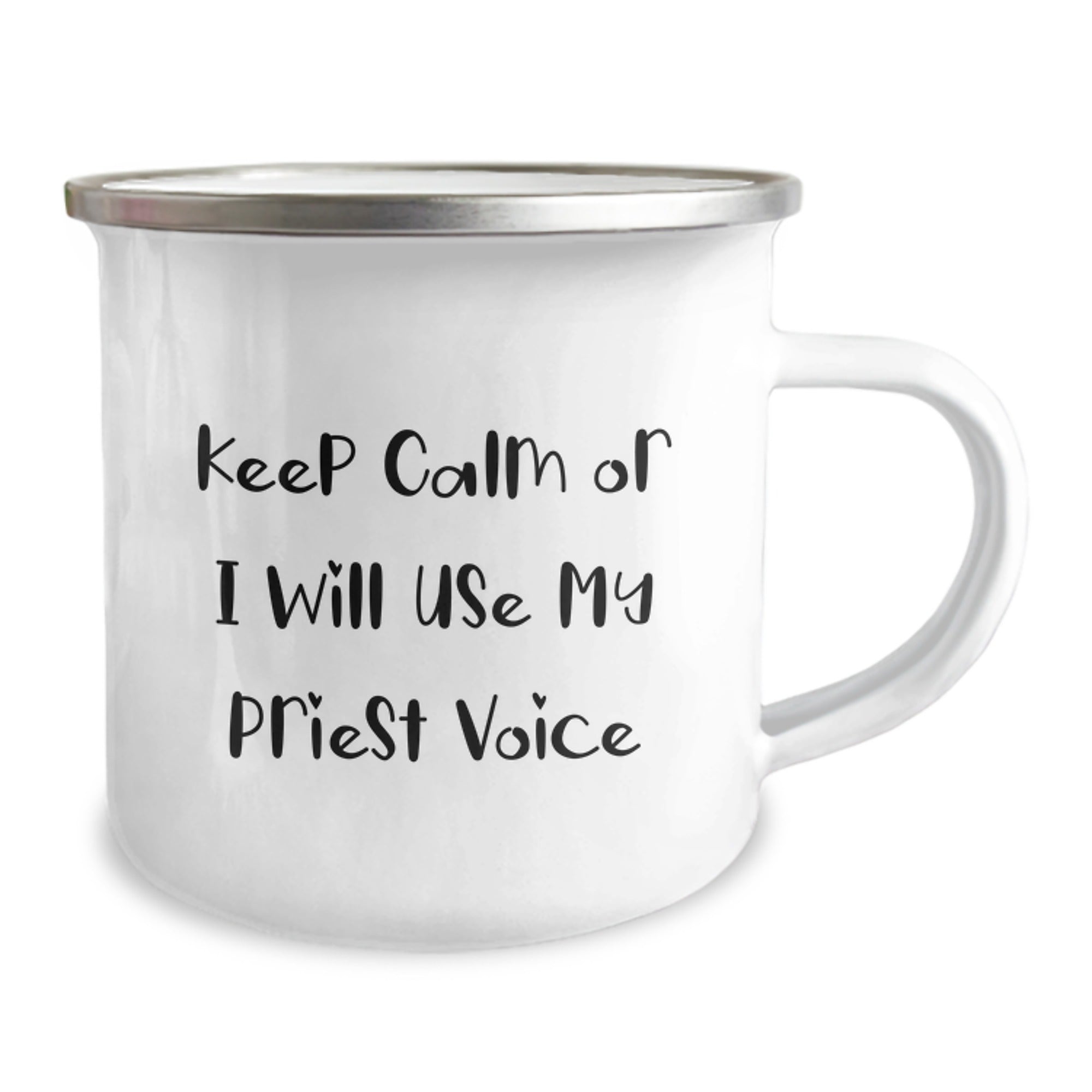 Funny Gifts from Friends to Priest - Keep Calm Or I Will Use My Priest Voice Camping Mug, Stainless Steel Enamel Finish, Perfect for Christmas Unique Gifts, Unique Priest Mug for Men - Image 2