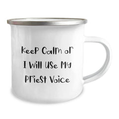 Funny Gifts from Friends to Priest - Keep Calm Or I Will Use My Priest Voice Camping Mug, Stainless Steel Enamel Finish, Perfect for Christmas Unique Gifts, Unique Priest Mug for Men - Image 2