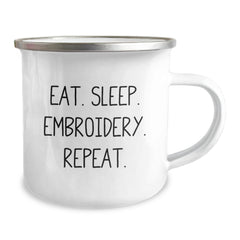 Embroidery Lovers' Camping Mug, Eat. Sleep. Embroidery. Repeat., Funny Gift for Friends from Family, 12 oz Stainless Steel with Enamel Finish - Image 2