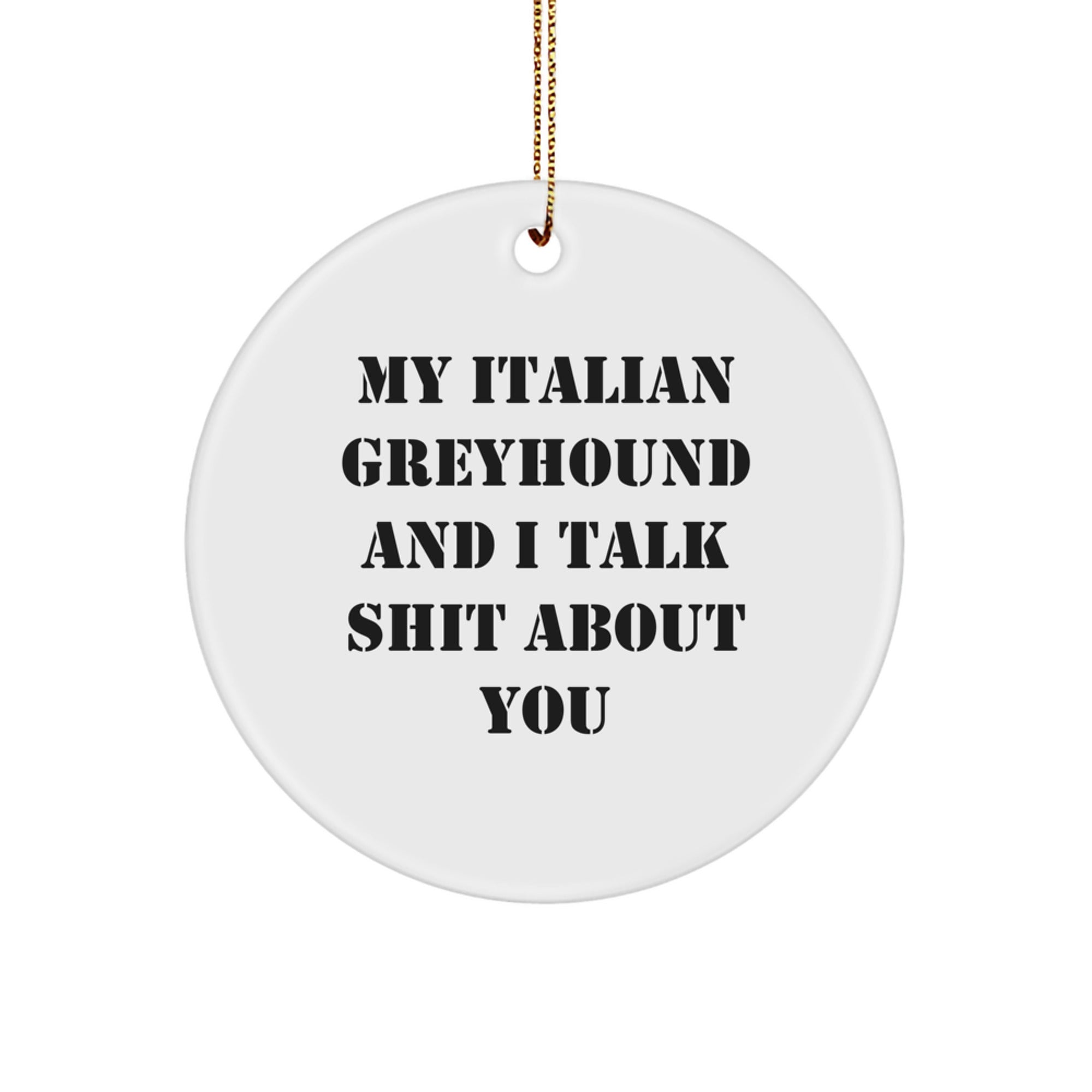 Funny Italian Greyhound Dog Gifts from Friends for Christmas - 'My Italian Greyhound And I Talk Shit About You' Circle Ornament - Image 1