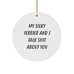 Funny Silky Terrier Dog Christmas Unique Gifts from Family - Circle Ornament, 'My Silky Terrier And I Talk Shit About You' Humor, White, Perfect for Friends, Coworkers - Image 1