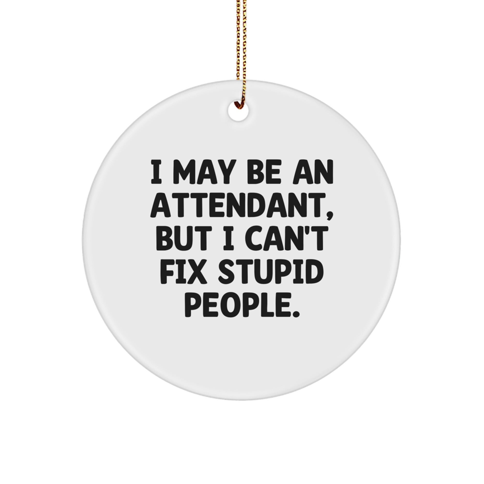 Funny Attendant Gift, 'I May Be An Attendant, But I Can't Fix Stupid People.' Circle Ornament, White, Christmas Unique Gifts from Friends - Image 1