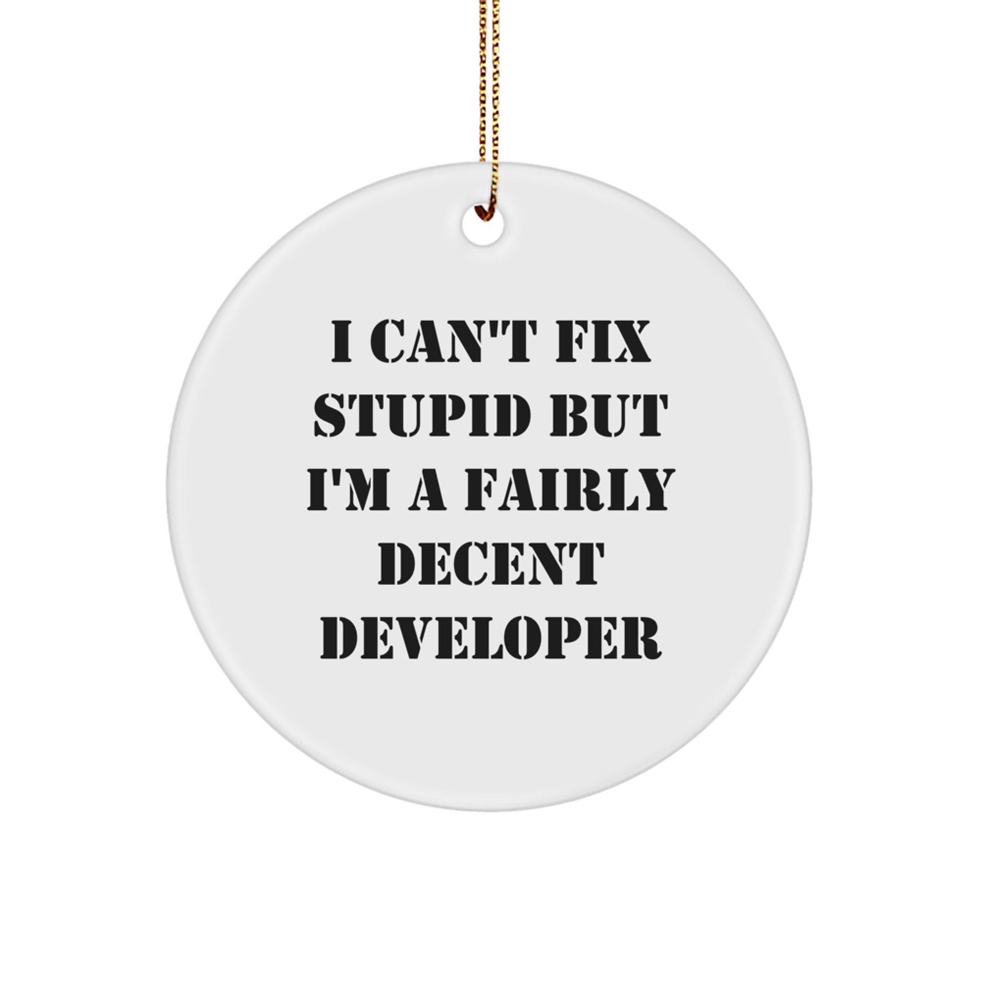 Developer Gifts, Funny Quote Circle Ornament, Gifts from Men to Developer Friends and Family, I Can't Fix Stupid But I'm A Fairly Decent Developer - Image 1