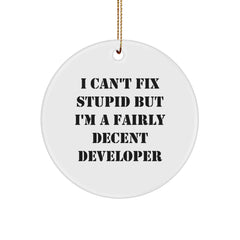 Developer Gifts, Funny Quote Circle Ornament, Gifts from Men to Developer Friends and Family, I Can't Fix Stupid But I'm A Fairly Decent Developer - Image 1