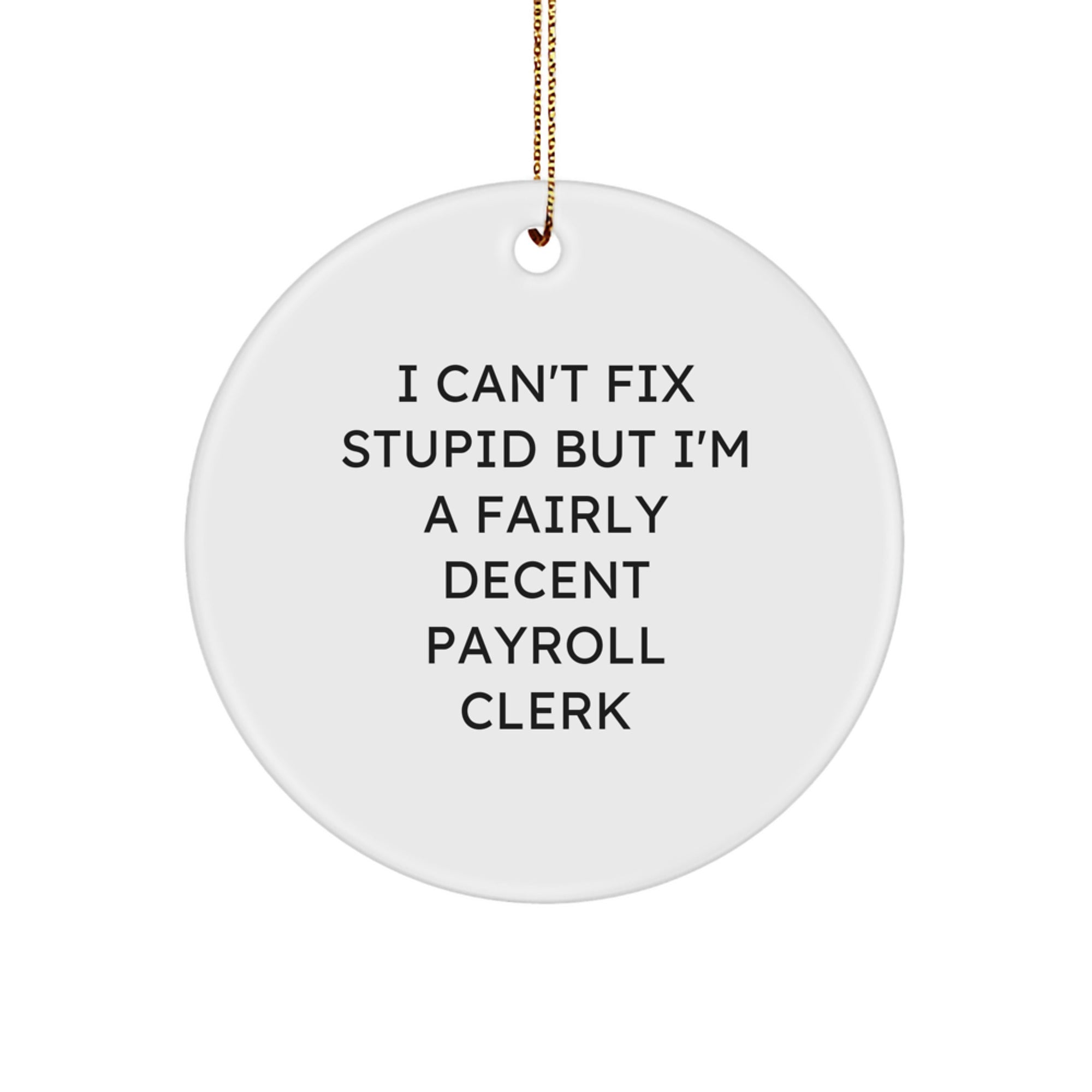 Funny Payroll Clerk Gifts for Men, Women, Friends, Coworkers, Family - I Can't Fix Stupid But I'm A Fairly Decent Payroll Clerk Christmas Unique Circle Ornament - Image 1