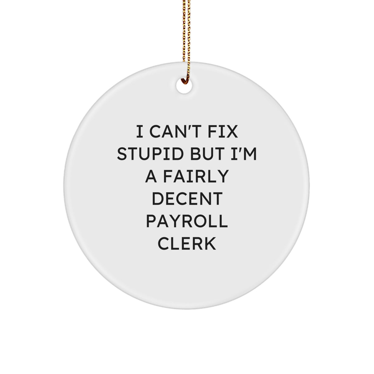 Funny Payroll Clerk Gifts for Men, Women, Friends, Coworkers, Family - I Can't Fix Stupid But I'm A Fairly Decent Payroll Clerk Christmas Unique Circle Ornament - Image 1