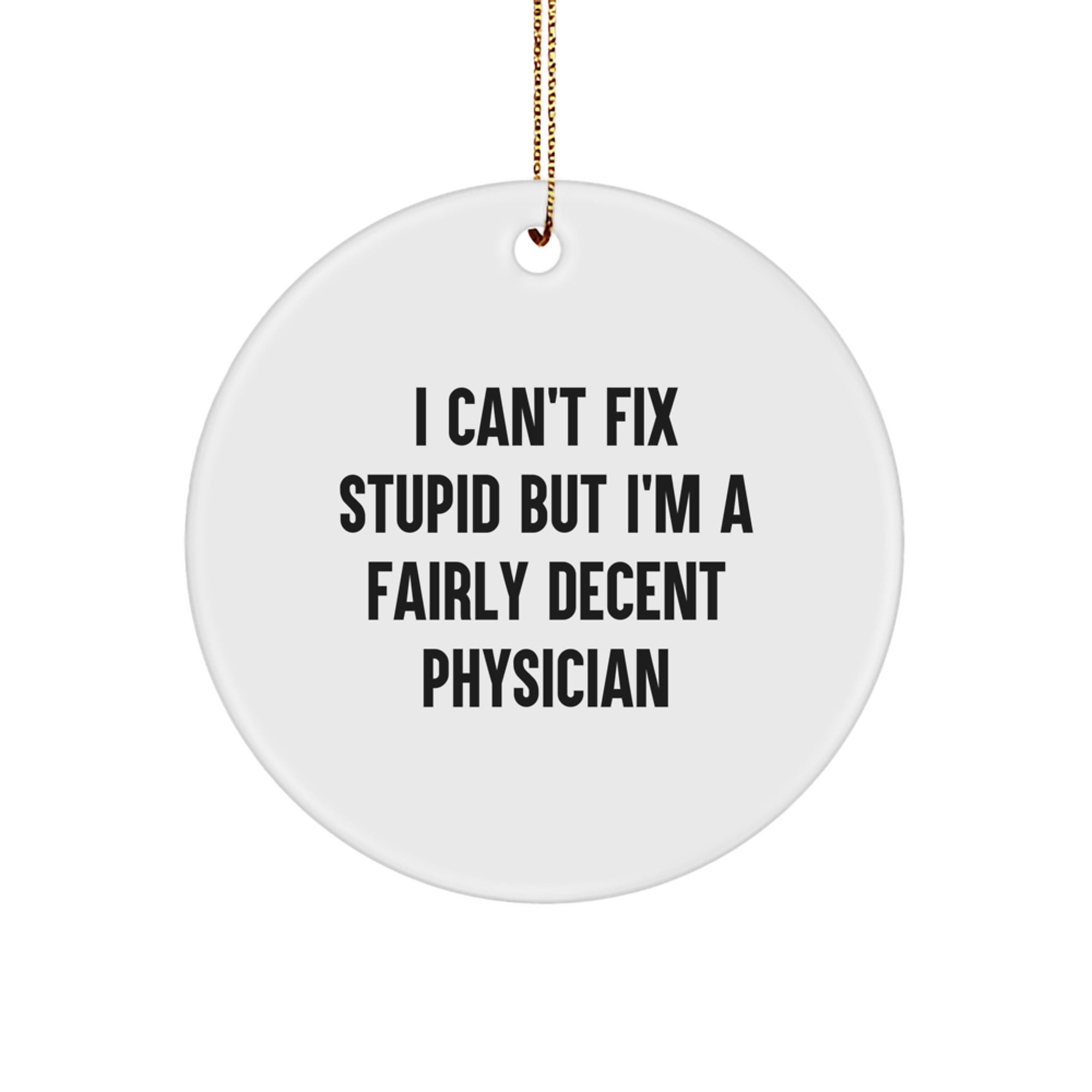 Funny Physician Gifts from Friends for Christmas Unique Circle Ornament with I Can't Fix Stupid But I'm A Fairly Decent Physician Quote - Image 1