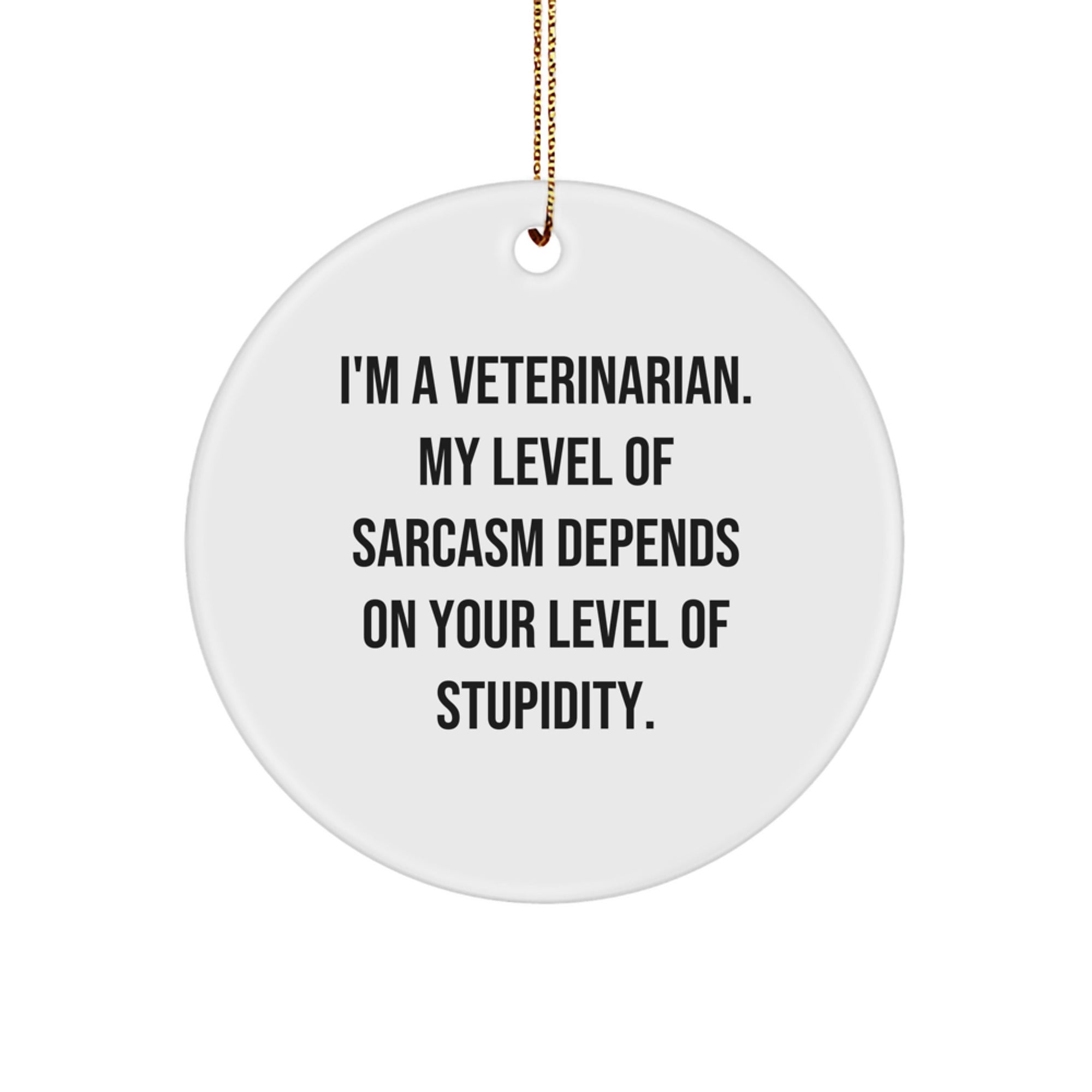 Funny Veterinarian Gift, 'I'm A Veterinarian. My Level Of Sarcasm Depends On Your Level Of Stupidity.' Circle Ornament, Christmas Unique Gifts from Coworkers - Image 1