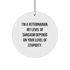 Funny Veterinarian Gift, 'I'm A Veterinarian. My Level Of Sarcasm Depends On Your Level Of Stupidity.' Circle Ornament, Christmas Unique Gifts from Coworkers - Image 1