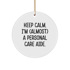 Funny Personal Care Aide Gifts, 'Keep Calm, I'm (almost) A Personal Care Aide!' Circle Ornament, White, Christmas Unique Gifts from Friends - Image 1