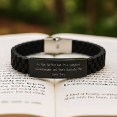 Database Administrator Humor Gifts for Men - Funny Quote Silicone Glide lock Clasp Bracelet, Adjustable Black Stainless Steel & Silver, Perfect Birthday Unique Gift from Coworkers to Friends - Image 2