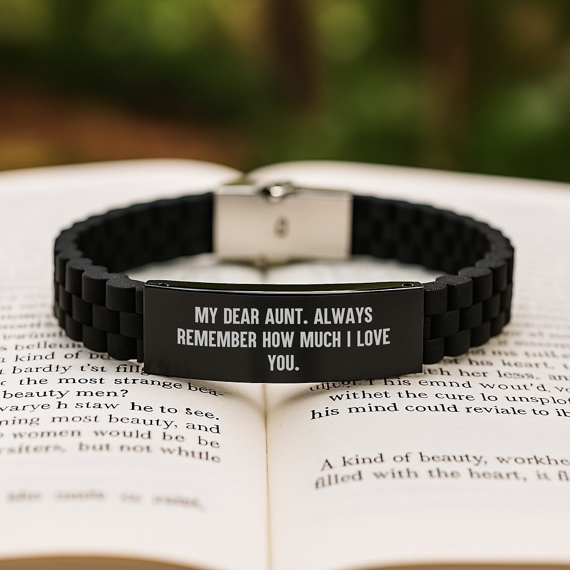 Aunt Gifts from Men, Glide lock Clasp Birthday Jewelry for Her, 'My Dear Aunt. Always Remember How Much I Love You.' Inspirational Quote, Adjustable Silver Black Stainless Steel Silicone Clasp - Image 2