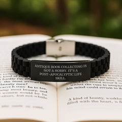 'Antique Book Collecting' Enthusiast's Delight, Gifts from Friends for the New Graduate, Unique Black Glide lock Clasp Bracelet, Post-apocalyptic Life Skill - Image 2