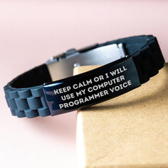 Funny Computer Programmer Gifts for Men from Friends - Keep Calm Or I Will Use My Computer Programmer Voice Glide lock Clasp Bracelet, Birthday Unique Gifts - Image 3