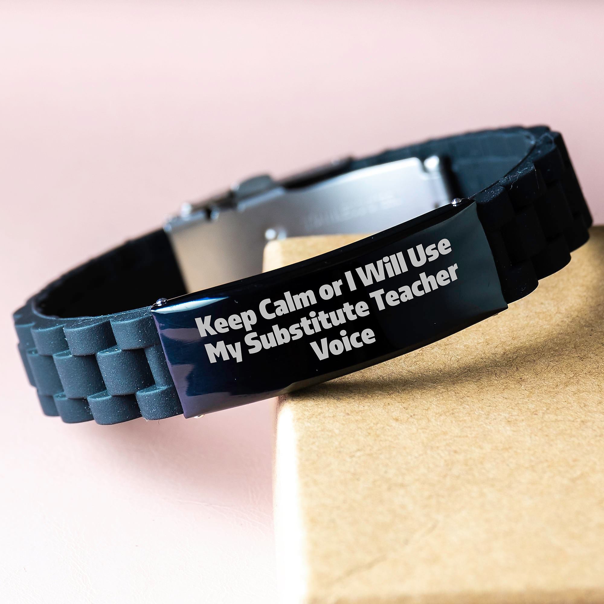 Funny Substitute Teacher Gifts for Men, Women, Friends, Coworkers, Family - Keep Calm Or I Will Use My Substitute Teacher Voice Glide lock Clasp Bracelet, Black Stainless Steel, Silver, Silicone - Image 3