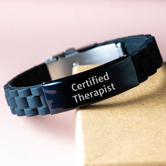 Funny Certified Therapist Gift for Birthday - Glide lock Clasp Adjustable Silicone Silver Black Stainless Steel Bracelet, Gifts from Friends to Therapist - Image 3