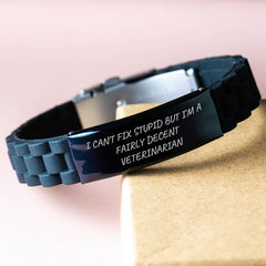 Funny Veterinarian Gifts from Friends and Family for Graduation - I Can't Fix Stupid But I'm A Fairly Decent Veterinarian Silver Black Stainless Steel Silicone Glide lock Clasp Bracelet - Image 3