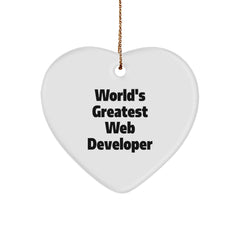 Funny Quote Heart Ornament Gifts from Friends for Web Developers, World's Greatest Web Developer Christmas Unique Ornament, Heart Shaped MDF Wood with Gold Cord - Image 1