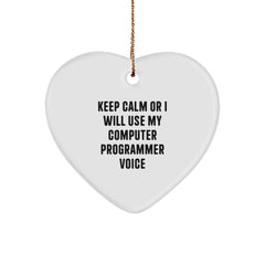 Funny Computer Programmer Gifts for Men from Friends, Heart Ornament with Keep Calm Or I Will Use My Computer Programmer Voice, Christmas Unique Tokens - Image 1