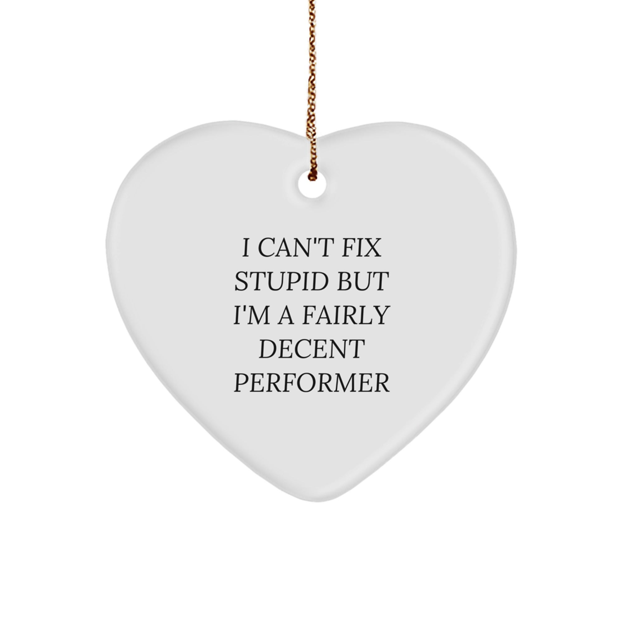 Funny Performer Gifts from Friends for Christmas Heart Ornament with 'I Can't Fix Stupid But I'm A Fairly Decent Performer' Quote - Image 1