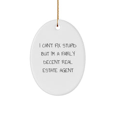 Funny Real Estate Agent Gifts from Men, Christmas Unique Gifts for Real Estate Agents, Oval Ornament with I Can't Fix Stupid But I'm A Fairly Decent Real Estate Agent Quote - Image 1