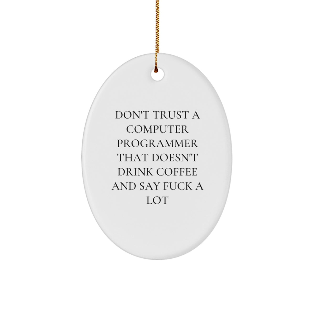 Funny Computer Programmer Gifts from Friends for Men, Oval Ornament with Don't Trust A Computer Programmer That Doesn't Drink Coffee And Say 'F--k' A Lot Quote, Christmas Unique Decorations - Image 1