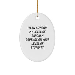 Funny Advisor Gifts for Christmas - 'I'm An Advisor. My Level Of Sarcasm Depends On Your Level Of Stupidity.' Oval Ornament for Friends, Coworkers, and Family - Image 1