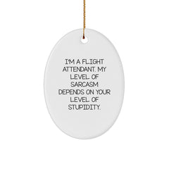 Flight Attendant Gifts from Friends - I'm A Flight Attendant. My Level Of Sarcasm Depends On Your Level Of Stupidity. Oval Ornament for Christmas - Image 1
