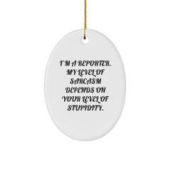 Funny Reporter Gifts: 'I'm A Reporter. My Level Of Sarcasm Depends On Your Level Of Stupidity.' Oval Ornament for Christmas, Gifts from Friends or Coworkers to Reporter, Men, Women, or Family - Image 1