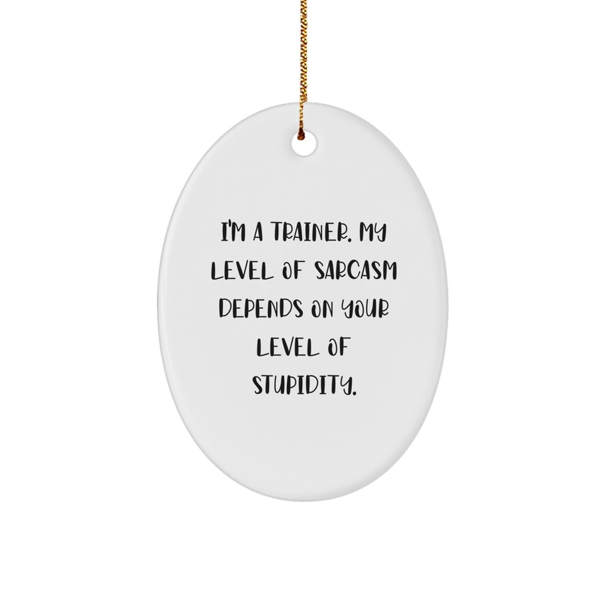 Funny Trainer Gifts from Friends, Coworkers, or Family - 'I'm A Trainer. My Level Of Sarcasm Depends On Your Level Of Stupidity.' Oval Ornament for Christmas - Image 1
