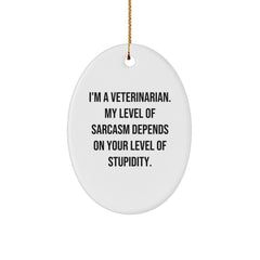 Funny Veterinarian Oval Ornament Gifts from Men to Veterinarian Friends, 'I'm A Veterinarian. My Level Of Sarcasm Depends On Your Level Of Stupidity.' for Christmas - Image 1