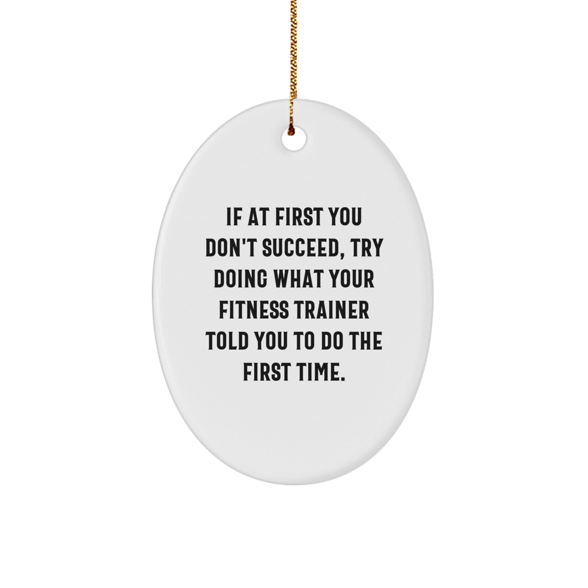 Funny Fitness Trainer Gifts from Friends for Christmas - Oval Ornament, If At First You Don't Succeed, Try Doing What Your 'Fitness Trainer' Told You To Do The First Time, White Oval Shape - Image 1