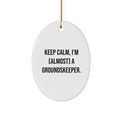 groundskeeper Gifts from Friends and Family - Keep Calm, I'm (almost) A groundskeeper. Oval Ornament, White, Christmas Unique Gifts - Image 1