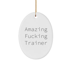 Funny Trainer Oval Ornament Gifts from Friends to Family, 'Amazing F--king Trainer' Quote, White Oval Shaped, Perfect for Christmas - Image 1