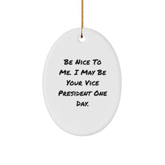 Funny Vice President Oval Ornament Gifts from Friends for Coworkers, Christmas Unique Ornaments, 'Be Nice To Me. I May Be Your Vice President One Day.' - Image 1